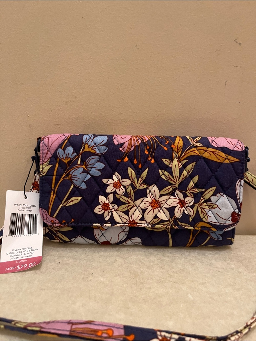 Vera Bradley Navy Floral Quilted Crossbody Wallet Clutch